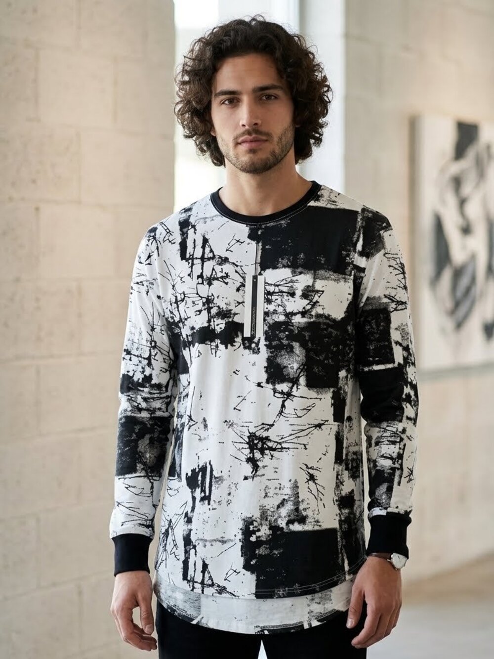 Liegou Men's XL Abstract Black White Long Sleeve Tee Shirt NWT